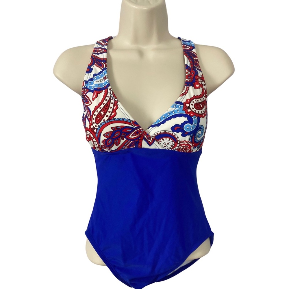 Catalina Tank Swimsuit Women's S (4-6)  One Piece X-Back Royal Blue|Paisley